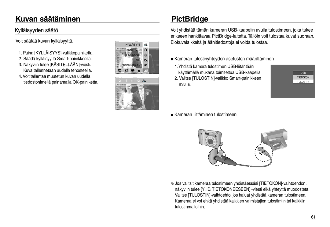 Samsung EC-NV30ZBBA/E2 manual PictBridge, Kameran liittäminen tulostimeen, Yhdistä kamera tulostimen USB-liitäntään, Avulla 