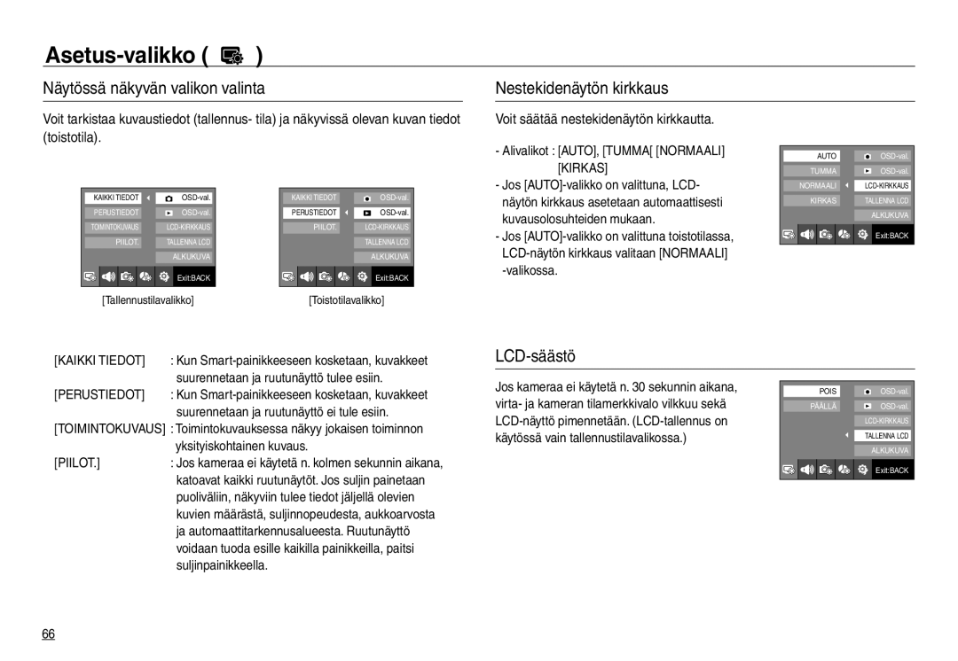 Samsung EC-NV30ZBDA/E3, EC-NV30ZSBA/E2, EC-NV30ZSDA/E3, EC-NV30ZBBA/E2 manual LCD-säästö, Kaikki Tiedot, Perustiedot, Piilot 