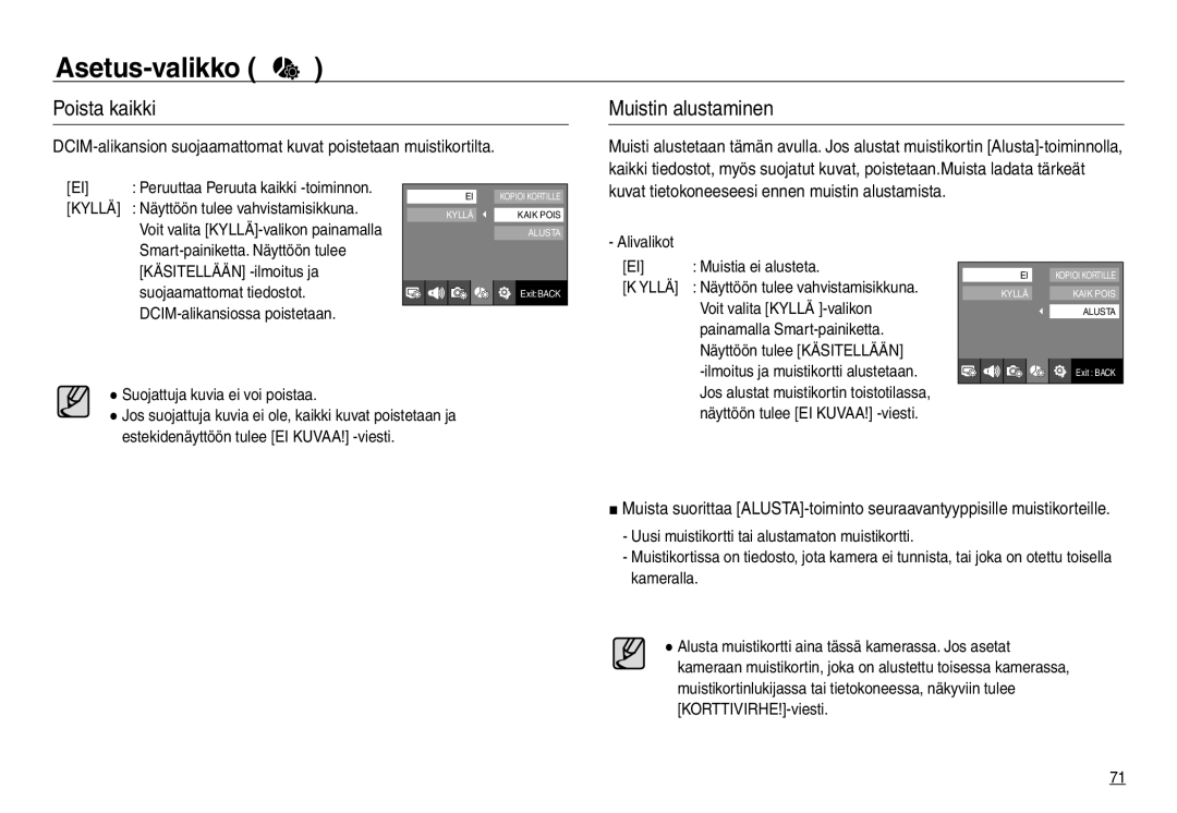 Samsung EC-NV30ZSBA/E2 manual Poista kaikki, Muistin alustaminen, Kuvat tietokoneeseesi ennen muistin alustamista, Yllä 