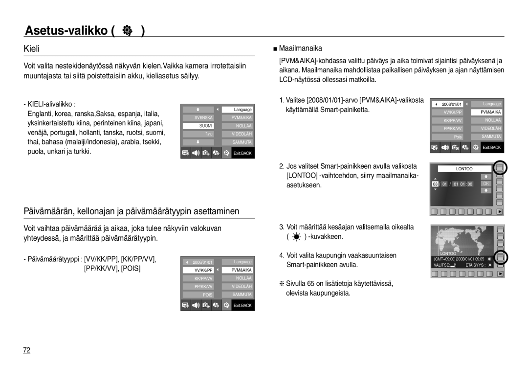 Samsung EC-NV30ZSDA/E3 manual Kieli, Päivämäärän, kellonajan ja päivämäärätyypin asettaminen, Maailmanaika, Kuvakkeen 