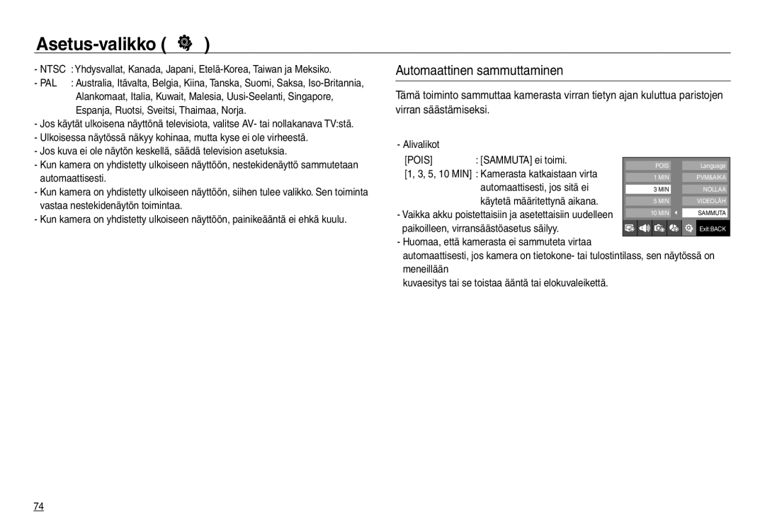 Samsung EC-NV30ZBDA/E3, EC-NV30ZSBA/E2, EC-NV30ZSDA/E3, EC-NV30ZBBA/E2 manual Automaattinen sammuttaminen, Ntsc, Pal 