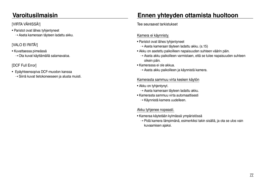 Samsung EC-NV30ZBBA/E2 Ennen yhteyden ottamista huoltoon, DCF Full Error, Tee seuraavat tarkistukset Kamera ei käynnisty 