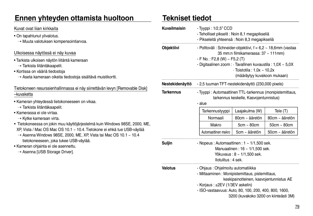 Samsung EC-NV30ZSBA/E2, EC-NV30ZSDA/E3 manual Tekniset tiedot, Kuvat ovat liian kirkkaita, Ulkoisessa näytössä ei näy kuvaa 