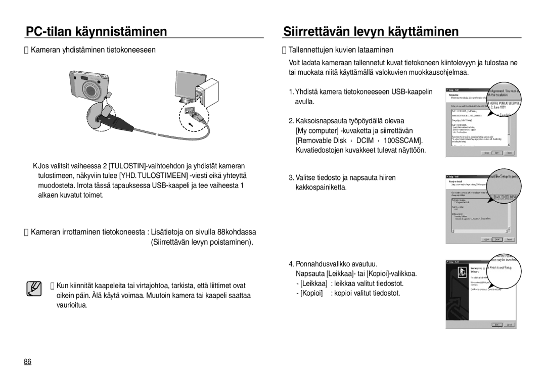 Samsung EC-NV30ZBDA/E3, EC-NV30ZSBA/E2 manual Siirrettävän levyn käyttäminen, Tallennettujen kuvien lataaminen, Kopioi 