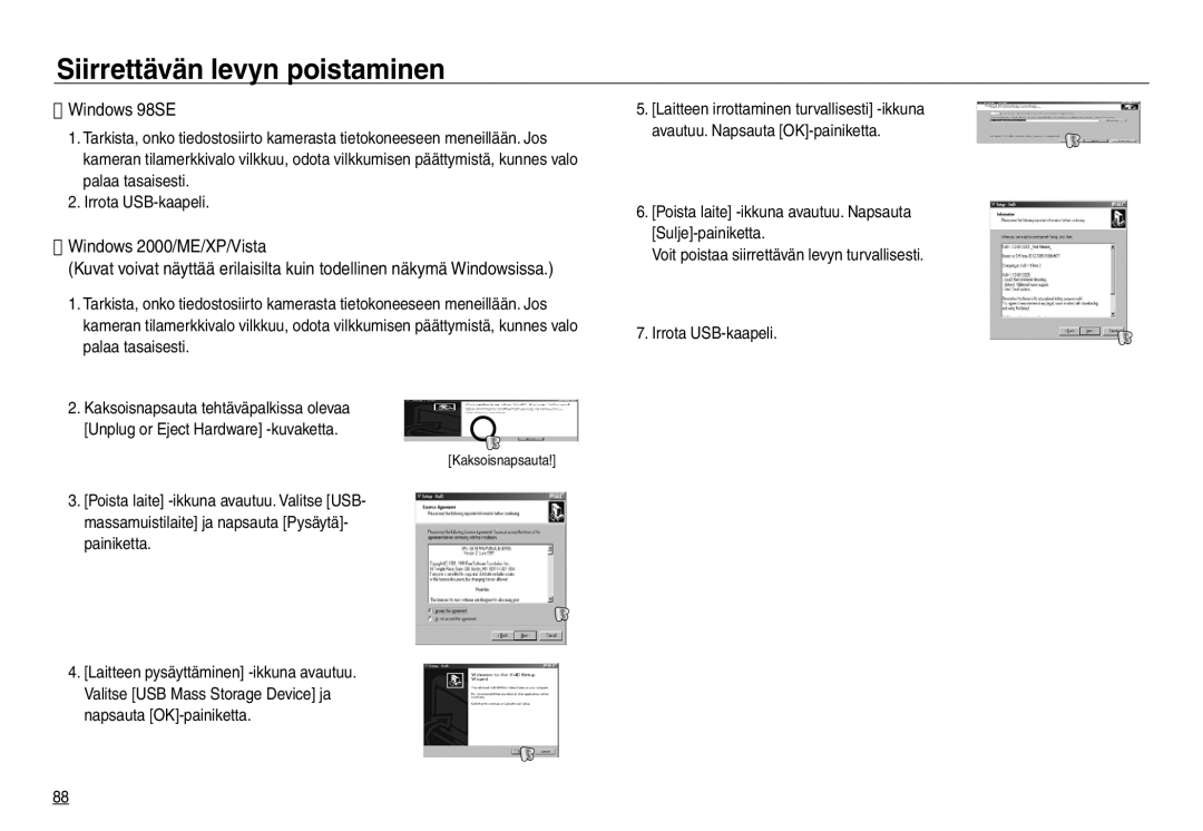 Samsung EC-NV30ZSDA/E3, EC-NV30ZSBA/E2 manual Siirrettävän levyn poistaminen, Windows 98SE, Windows 2000/ME/XP/Vista 