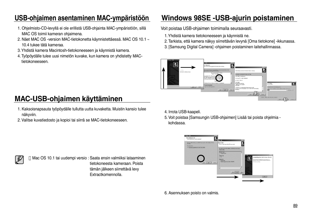 Samsung EC-NV30ZBBA/E2, EC-NV30ZSBA/E2, EC-NV30ZSDA/E3 MAC-USB-ohjaimen käyttäminen, Windows 98SE -USB-ajurin poistaminen 