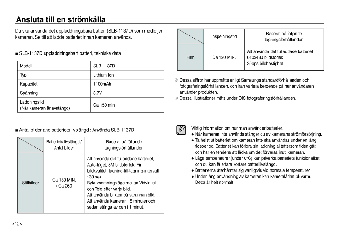 Samsung EC-NV30ZSDA/E3, EC-NV30ZSBA/E2 manual Ansluta till en strömkälla, SLB-1137D uppladdningsbart batteri, tekniska data 