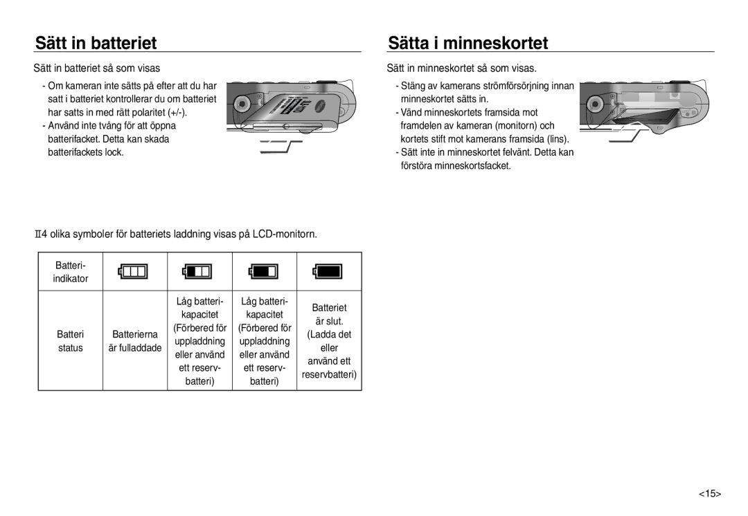 Samsung EC-NV30ZSBA/E2 manual Sätt in batteriet Sätta i minneskortet, Sätt in batteriet så som visas, Batteri, Eller 