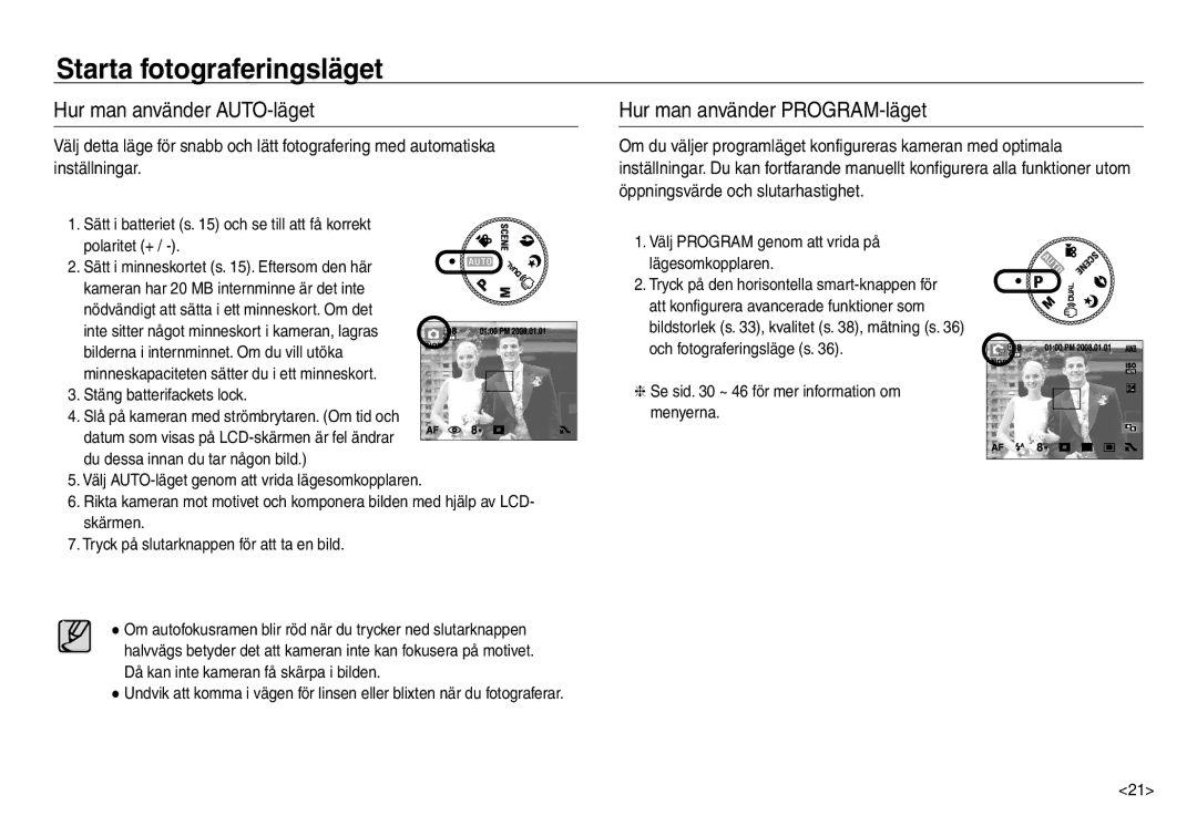 Samsung EC-NV30ZBBA/E2 manual Starta fotograferingsläget, Hur man använder AUTO-läget, Hur man använder PROGRAM-läget 