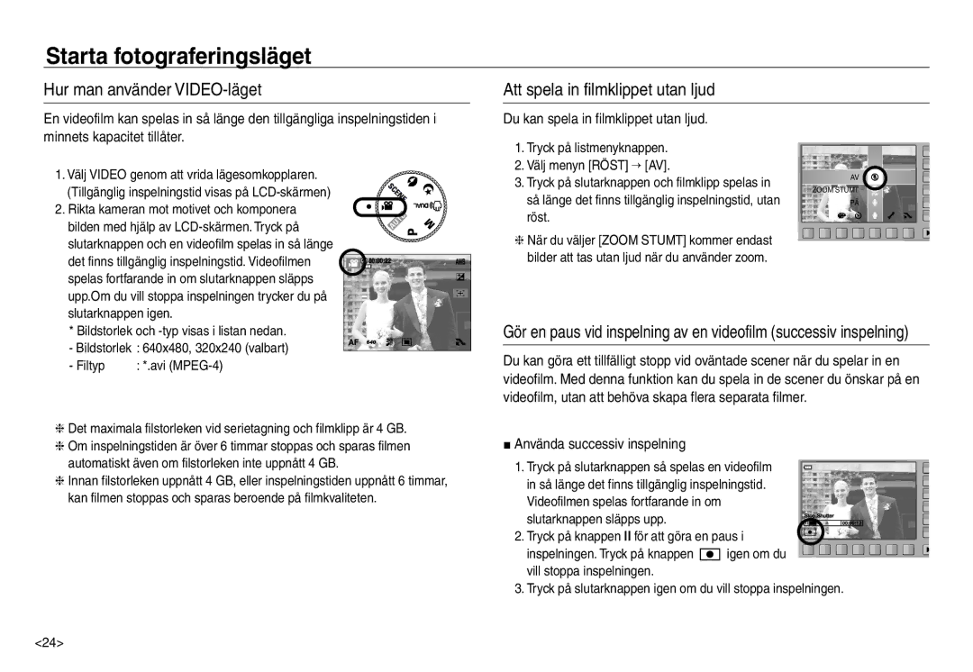 Samsung EC-NV30ZSDA/E3, EC-NV30ZSBA/E2 manual Du kan spela in filmklippet utan ljud, Använda successiv inspelning, Filtyp 