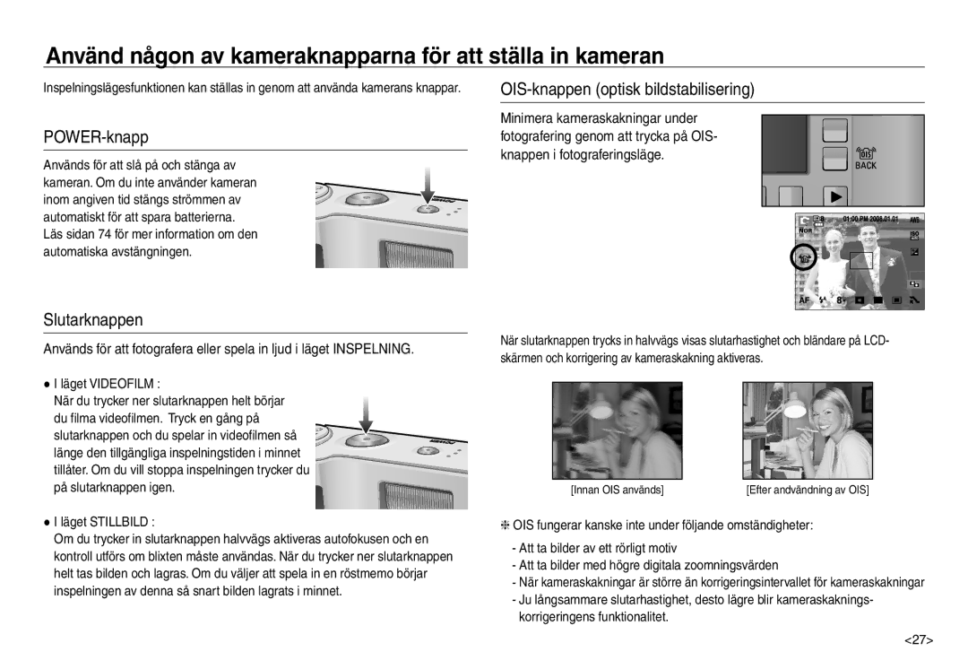 Samsung EC-NV30ZSBA/E2 manual Använd någon av kameraknapparna för att ställa in kameran, POWER-knapp, Slutarknappen 