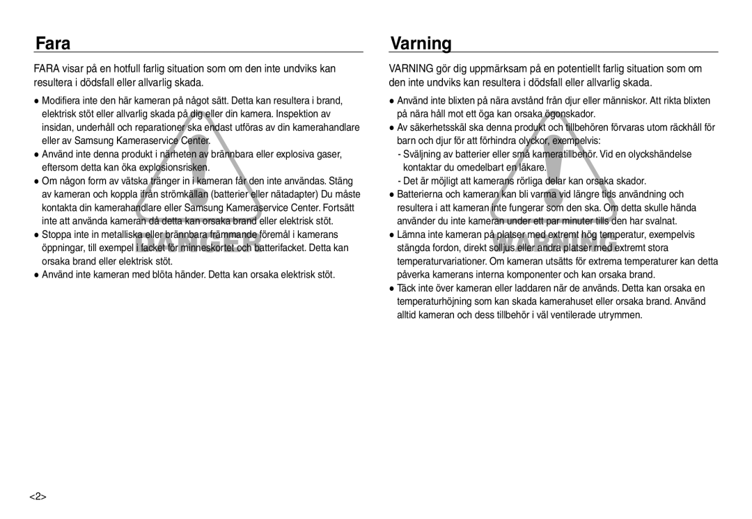 Samsung EC-NV30ZBDA/E3, EC-NV30ZSBA/E2, EC-NV30ZSDA/E3, EC-NV30ZBBA/E2 manual Fara, Varning 