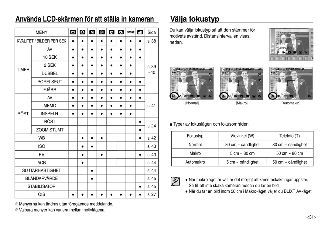 Samsung EC-NV30ZSBA/E2, EC-NV30ZSDA/E3 manual Välja fokustyp, Motivets avstånd. Distansintervallen visas Nedan, ~40 