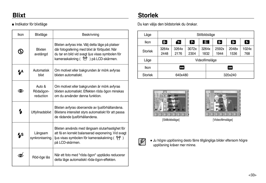 Samsung EC-NV30ZBBA/E2, EC-NV30ZSBA/E2 manual Storlek, Indikator för blixtläge, Du kan välja den bildstorlek du önskar 