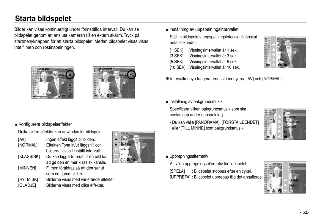 Samsung EC-NV30ZBBA/E2 manual Starta bildspelet, Konfigurera bildspelseffekter, Inställning av uppspelningsintervallet 