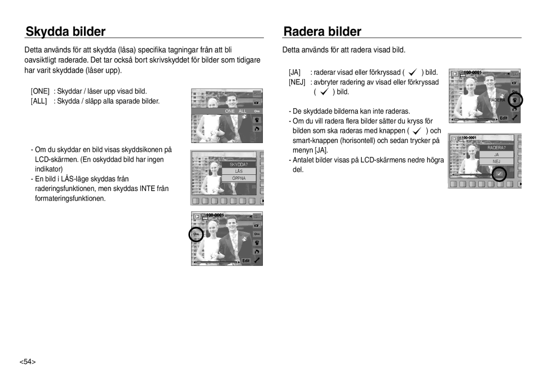 Samsung EC-NV30ZBDA/E3, EC-NV30ZSBA/E2 manual Skydda bilder, Radera bilder, Detta används för att radera visad bild 