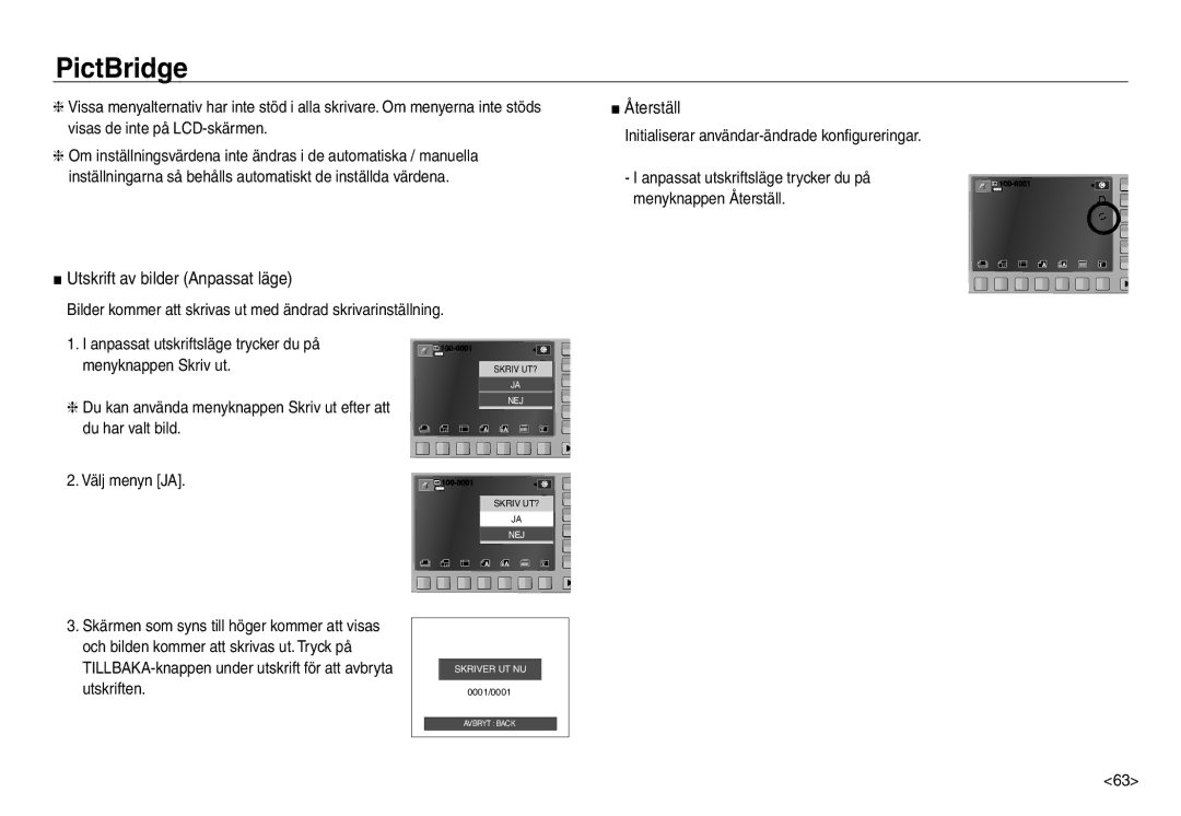 Samsung EC-NV30ZSBA/E2, EC-NV30ZSDA/E3, EC-NV30ZBBA/E2, EC-NV30ZBDA/E3 manual Återställ, Utskrift av bilder Anpassat läge 