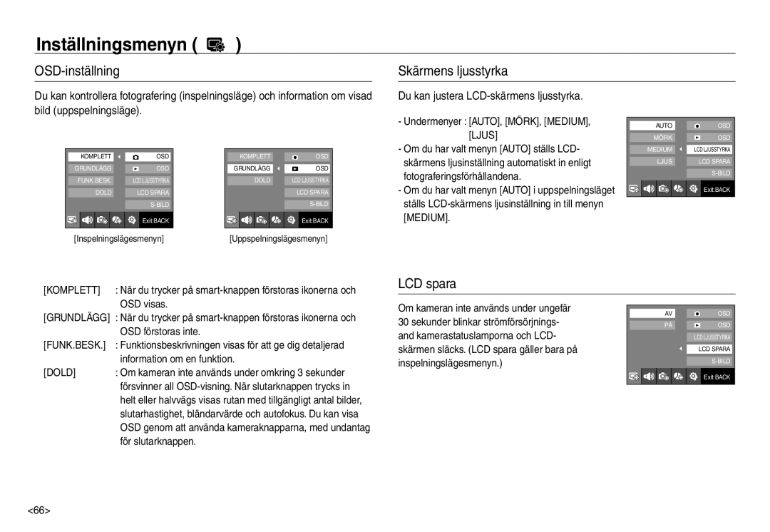 Samsung EC-NV30ZBDA/E3, EC-NV30ZSBA/E2, EC-NV30ZSDA/E3 manual OSD-inställning Skärmens ljusstyrka, LCD spara, Funk.Besk, Dold 