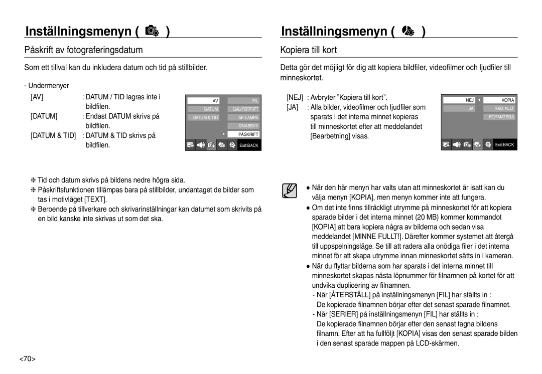 Samsung EC-NV30ZBDA/E3, EC-NV30ZSBA/E2, EC-NV30ZSDA/E3 manual Påskrift av fotograferingsdatum, Kopiera till kort, Datum 