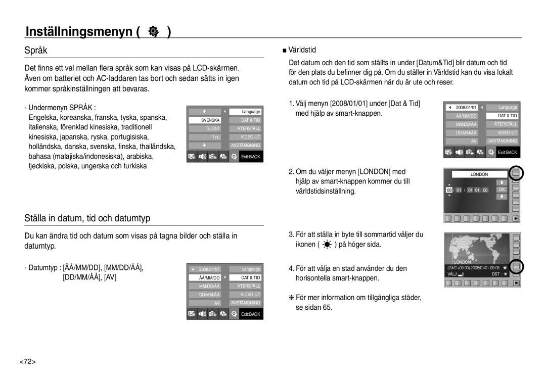 Samsung EC-NV30ZSDA/E3, EC-NV30ZSBA/E2, EC-NV30ZBBA/E2, EC-NV30ZBDA/E3 Språk, Ställa in datum, tid och datumtyp, Världstid 