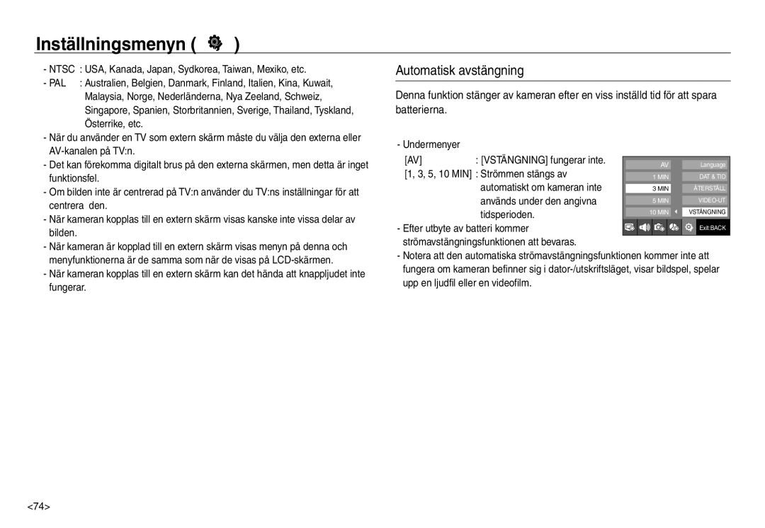 Samsung EC-NV30ZBDA/E3, EC-NV30ZSBA/E2, EC-NV30ZSDA/E3, EC-NV30ZBBA/E2 manual Automatisk avstängning, Ntsc, Pal 