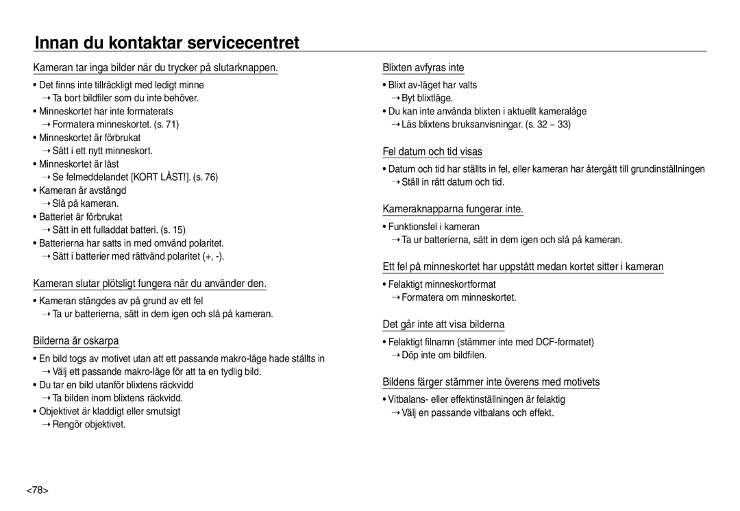 Samsung EC-NV30ZBDA/E3 Kameran tar inga bilder när du trycker på slutarknappen, Bilderna är oskarpa, Blixten avfyras inte 