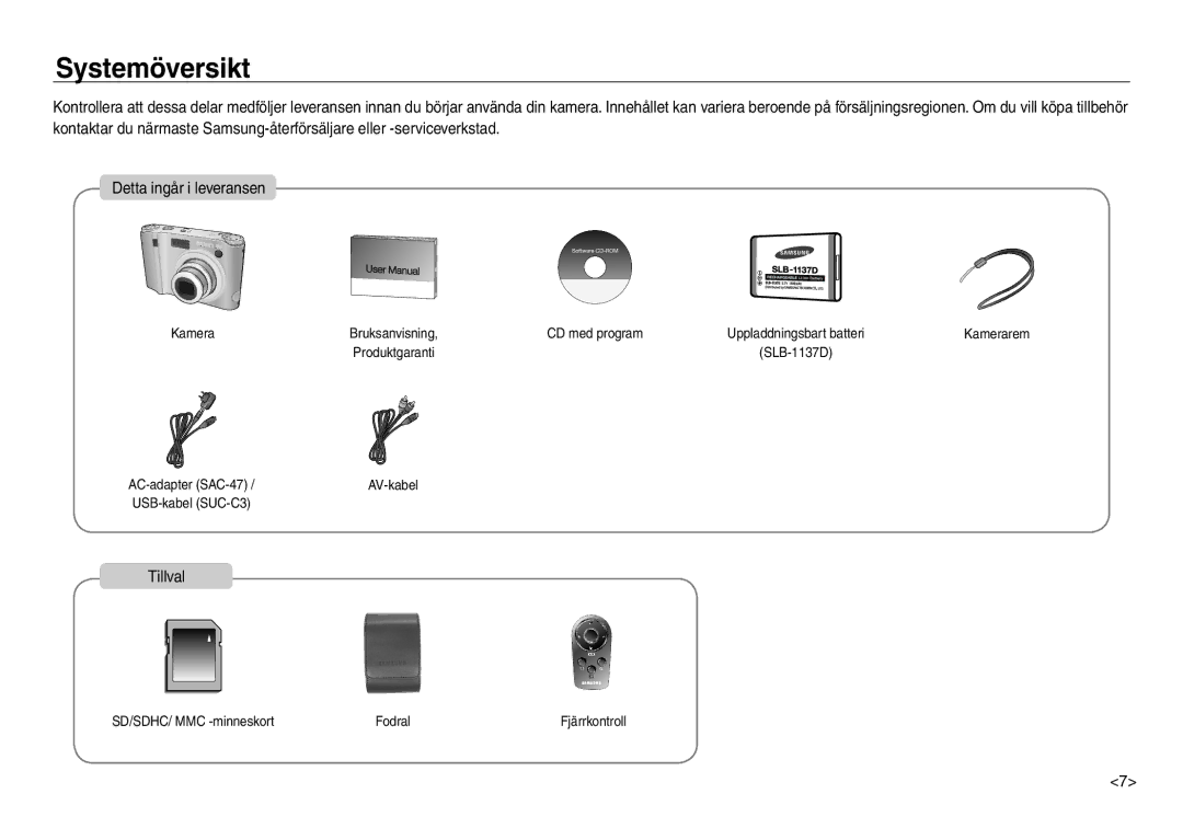 Samsung EC-NV30ZSBA/E2, EC-NV30ZSDA/E3, EC-NV30ZBBA/E2, EC-NV30ZBDA/E3 manual Systemöversikt, Tillval 