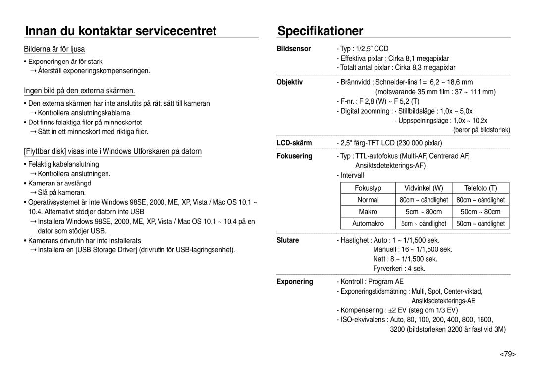 Samsung EC-NV30ZSBA/E2, EC-NV30ZSDA/E3 manual Specifikationer, Bilderna är för ljusa, Ingen bild på den externa skärmen 