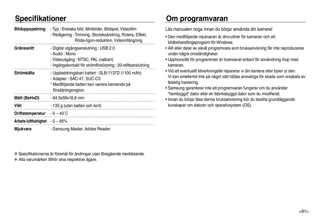 Samsung EC-NV30ZBBA/E2, EC-NV30ZSBA/E2 Om programvaran, Läs manualen noga innan du börjar använda din kamera 