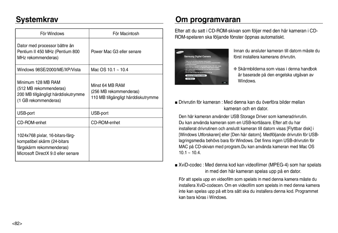 Samsung EC-NV30ZBDA/E3, EC-NV30ZSBA/E2, EC-NV30ZSDA/E3, EC-NV30ZBBA/E2 manual Systemkrav, GB rekommenderas 