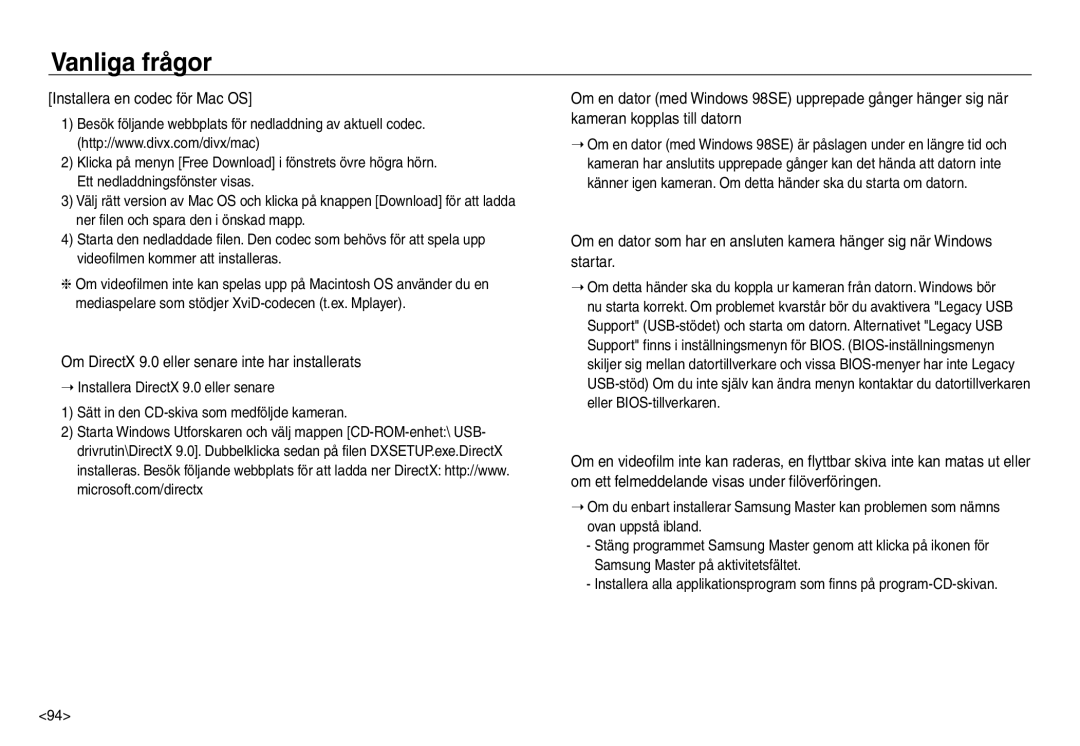 Samsung EC-NV30ZBDA/E3, EC-NV30ZSBA/E2 Installera en codec för Mac OS, Om DirectX 9.0 eller senare inte har installerats 