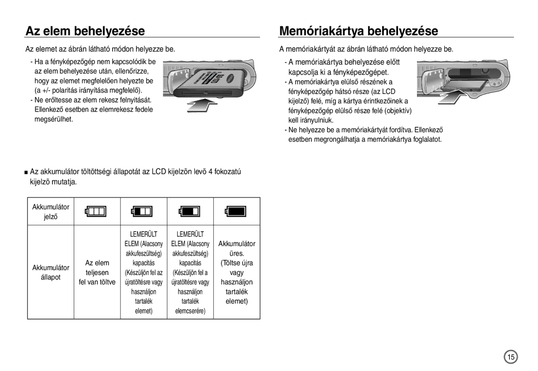 Samsung EC-NV30ZSBB/E1 manual Az elem behelyezése Memóriakártya behelyezése, Az elemet az ábrán látható módon helyezze be 