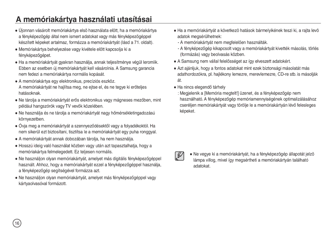 Samsung EC-NV30ZSBA/E1 manual Memóriakártya használati utasításai, Memóriakártyát annak dobozában tárolja, ha nem használja 