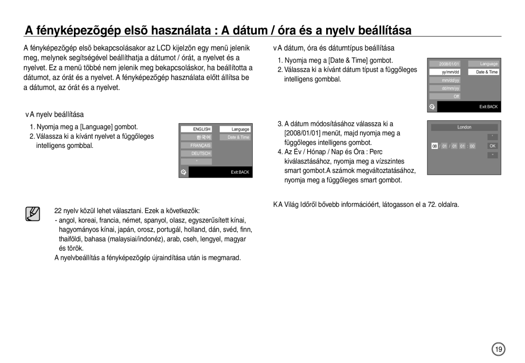 Samsung EC-NV30ZBBA/FR, EC-NV30ZSBA/FR, EC-NV30ZSDA/E3, EC-NV30ZBDA/E3 Dátum, óra és dátumtípus beállítása, Nyelv beállítása 