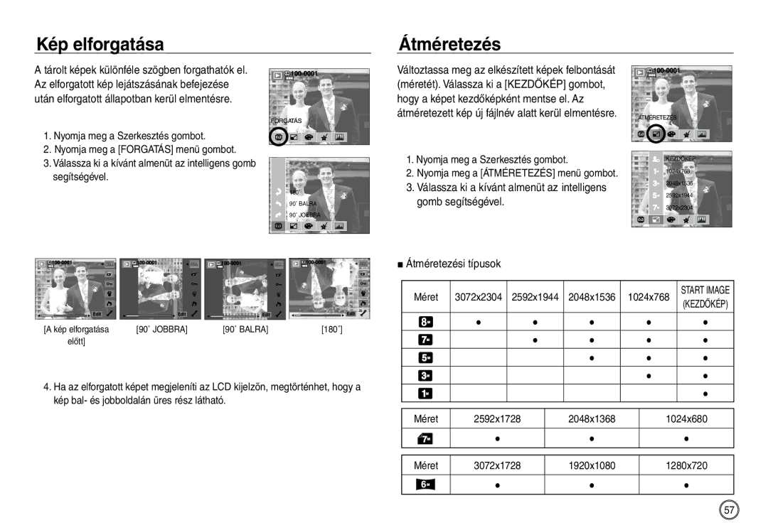 Samsung EC-NV30ZBBB/E1 manual Kép elforgatása Átméretezés, Átméretezési típusok, Nyomja meg a Szerkesztés gombot, Méret 