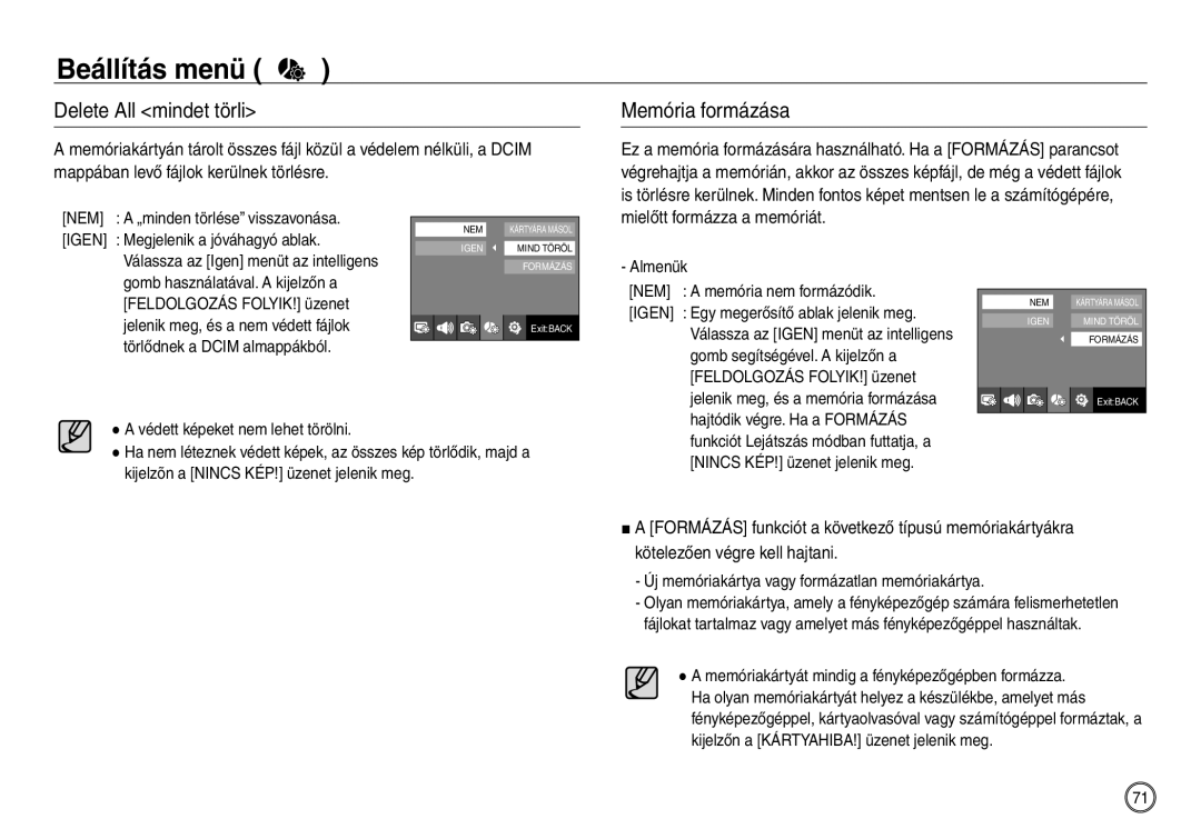 Samsung EC-NV30ZSBA/FR, EC-NV30ZSDA/E3 manual Delete All mindet törli, Memória formázása, Mielőtt formázza a memóriát 