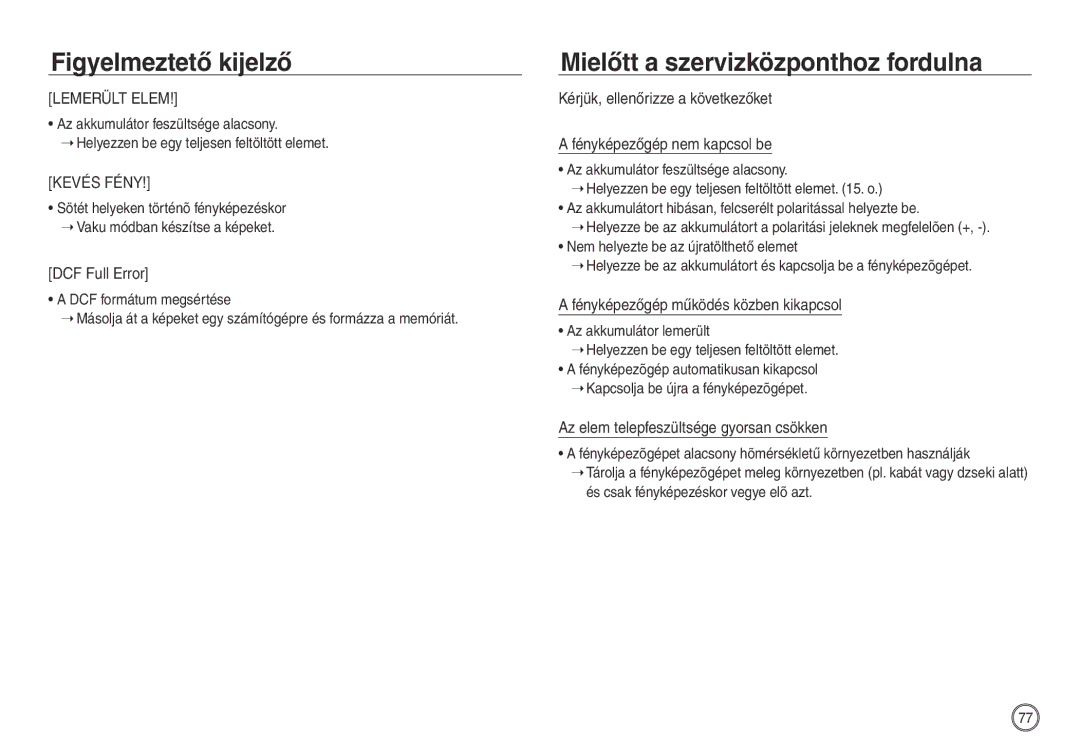 Samsung EC-NV30ZBBC/E1 manual Mielőtt a szervizközponthoz fordulna, DCF Full Error, Fényképezőgép működés közben kikapcsol 