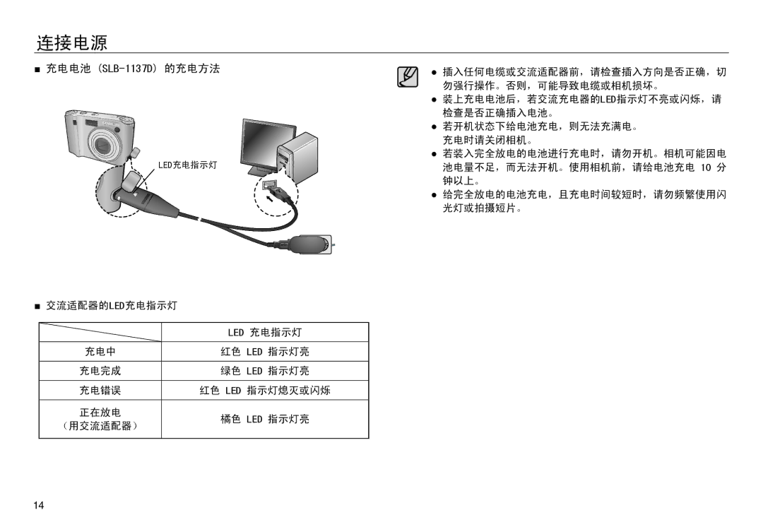 Samsung EC-NV30ZBBC/E1, EC-NV30ZSBA/FR, EC-NV30ZSDA/E3, EC-NV30ZBBA/FR, EC-NV30ZBDA/E3, EC-NV30ZBBB/E1 充电电池 SLB-1137D 的充电方法 