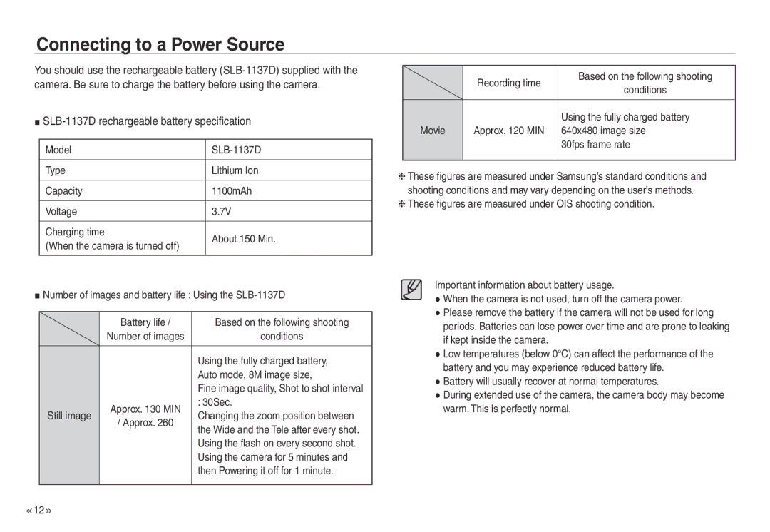 Samsung EC-NV30ZSBA/E1, EC-NV30ZSBA/GB manual Connecting to a Power Source, SLB-1137D rechargeable battery specification 