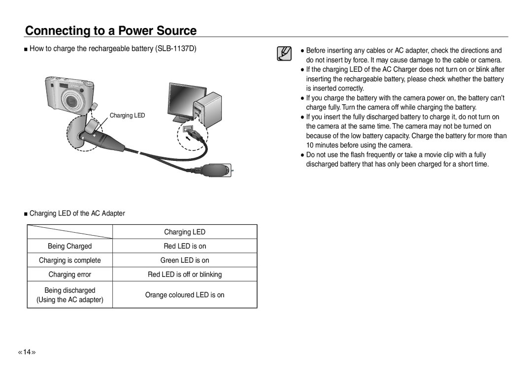 Samsung EC-NV30ZBBA/AS, EC-NV30ZSBA/GB How to charge the rechargeable battery SLB-1137D, Charging LED of the AC Adapter 