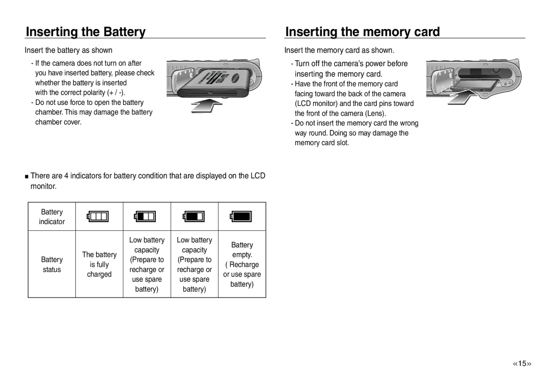 Samsung EC-NV30ZSBA/AS, EC-NV30ZSBA/GB manual Inserting the Battery, Inserting the memory card, Insert the battery as shown 