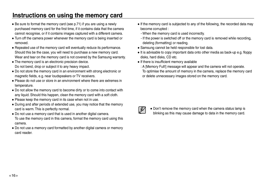 Samsung EC-NV30ZBBA/AU, EC-NV30ZSBA/GB, EC-NV30ZSBA/E2, EC-NV30ZSBA/FR, EC-NV30ZSDA/E3 Instructions on using the memory card 