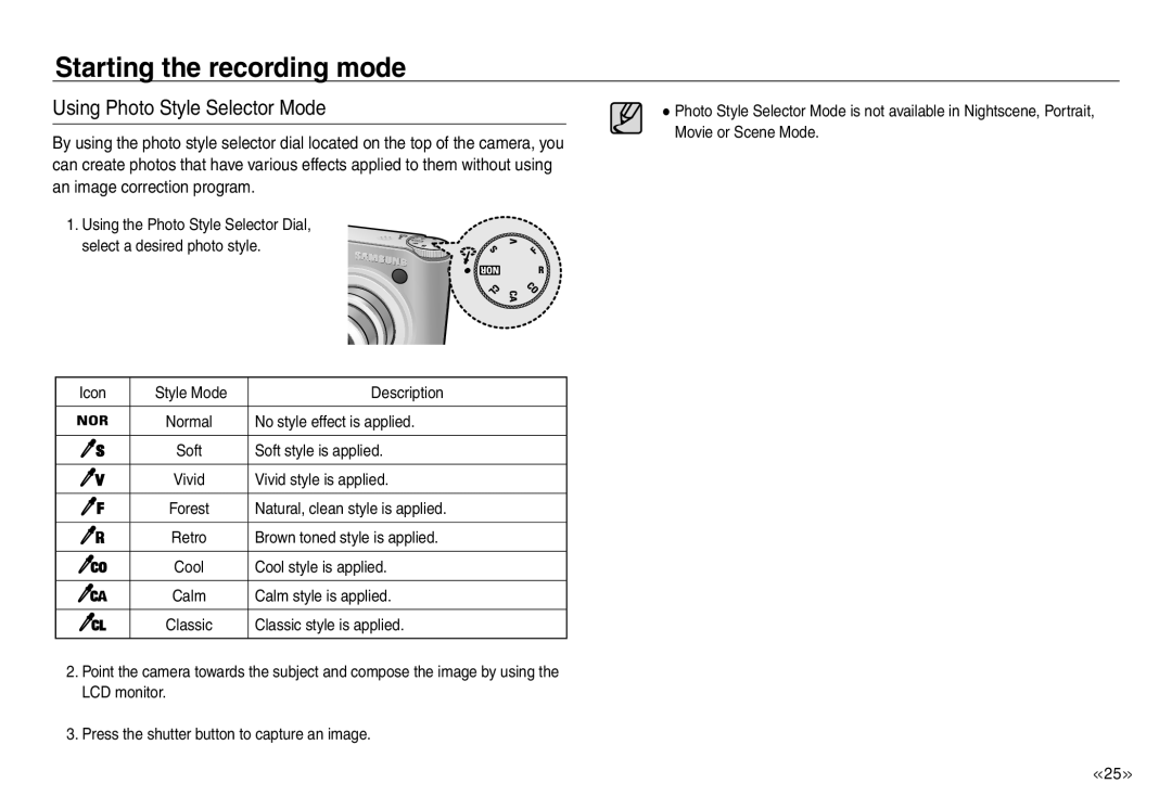 Samsung EC-NV30ZBBA/AR, EC-NV30ZSBA/GB, EC-NV30ZSBA/E2, EC-NV30ZSBA/FR, EC-NV30ZSDA/E3 manual Using Photo Style Selector Mode 