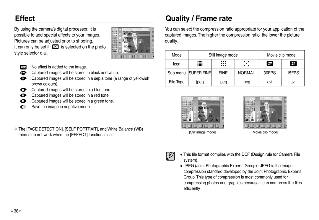 Samsung EC-NV30ZSBB/MX manual Effect, Quality / Frame rate, Pictures can be adjusted prior to shooting, Style selector dial 