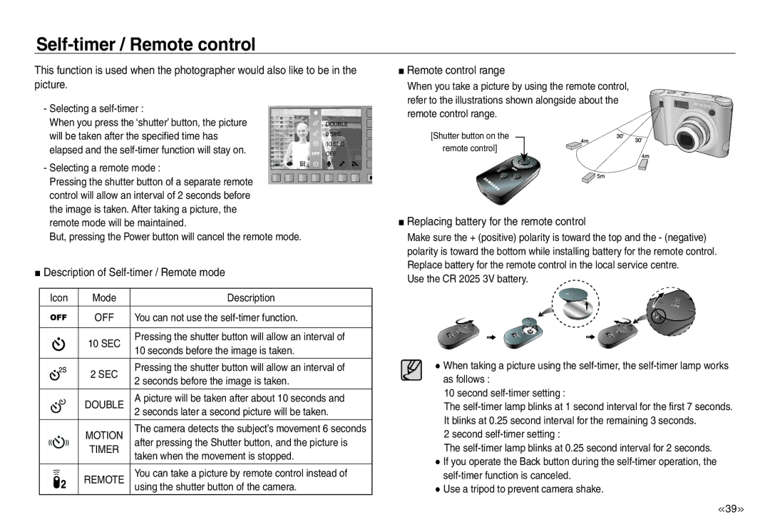 Samsung EC-NV30ZSBC/E1 manual Self-timer / Remote control, Description of Self-timer / Remote mode, Remote control range 