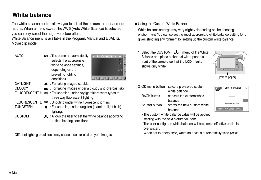 Samsung EC-NV30ZBDB/AS, EC-NV30ZSBA/GB, EC-NV30ZSBA/E2, EC-NV30ZSBA/FR manual White balance, Using the Custom White Balance 