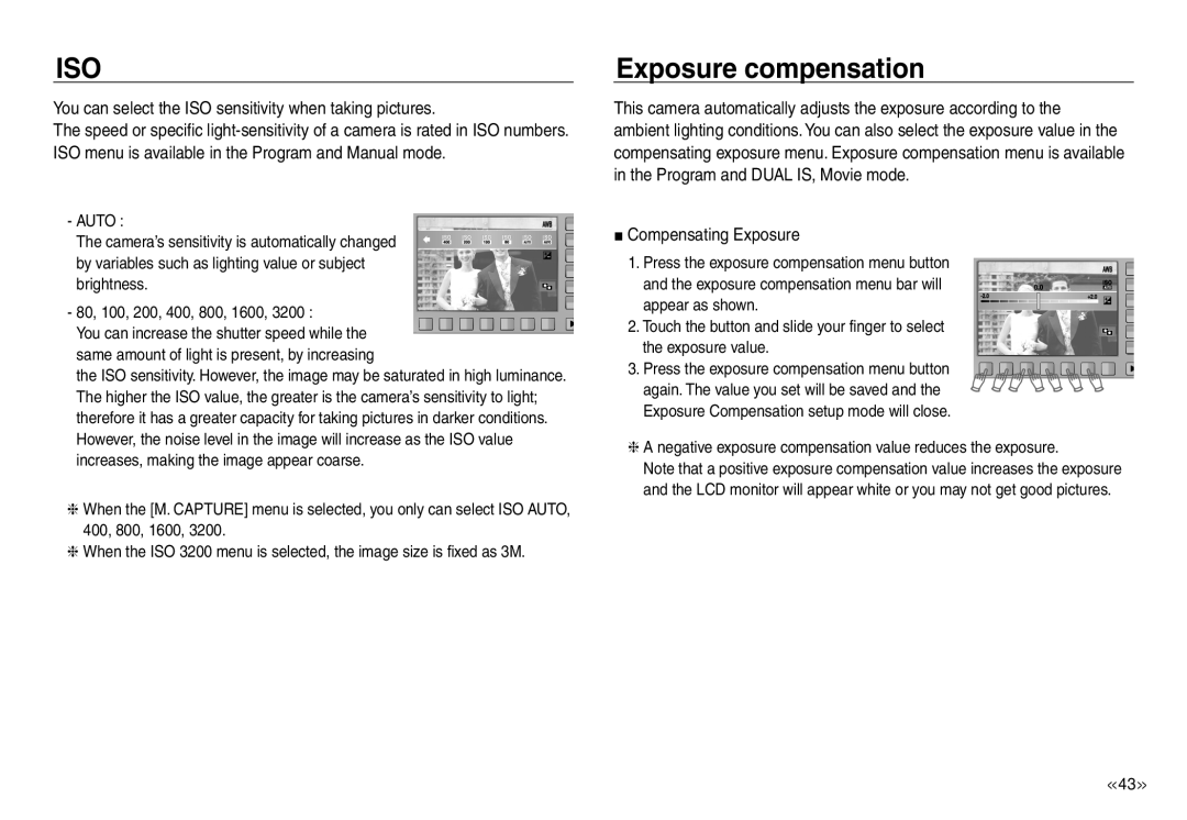 Samsung EC-NV30ZSBA/MX, EC-NV30ZSBA/GB manual Exposure compensation, You can select the ISO sensitivity when taking pictures 