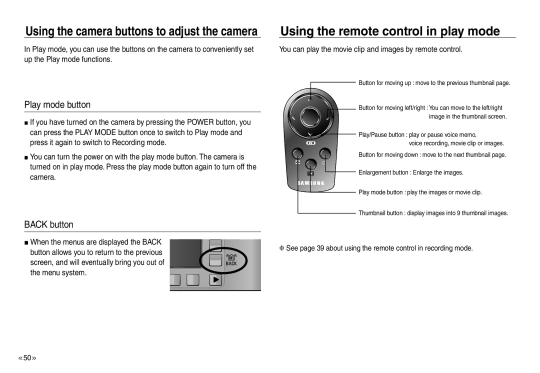 Samsung EC-NV30ZBBA/MX, EC-NV30ZSBA/GB, EC-NV30ZSBA/E2 Using the remote control in play mode, Play mode button, Back button 