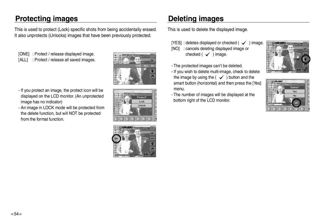 Samsung EC-NV30ZBBA/LV manual Protecting images Deleting images, This is used to delete the displayed image, One, All 