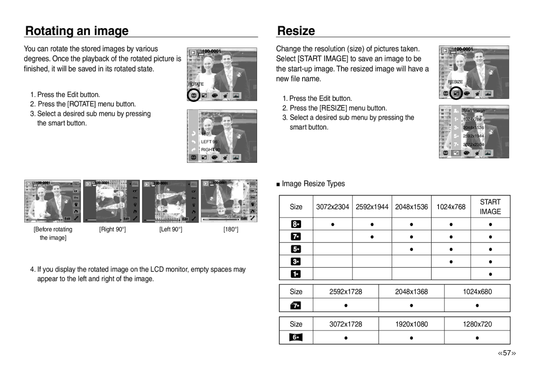 Samsung EC-NV30ZSBA/E2 Rotating an image Resize, Image Resize Types, Size 3072x2304 2592x1944 2048x1536 1024x768, Start 